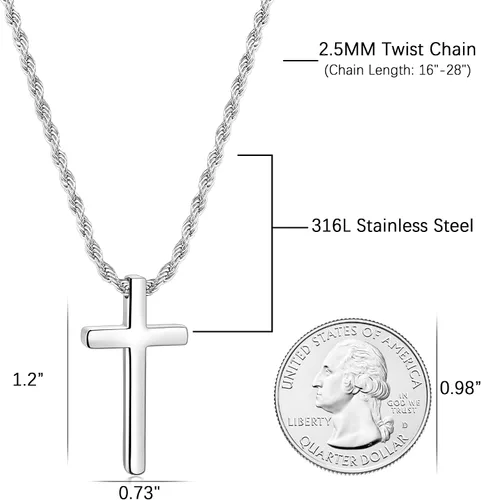 Miniatura 5 de Fiusem Collar de cruz para hombre, collar con dije de cruz en tono plateado y cadena de cruz para hombres y niños, collar de cruz de acero