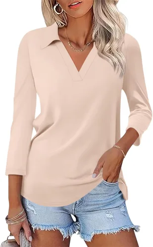 TICTICMISS - Camisas polo de cuello en V para mujer, manga 3/4, con cuello, tops casuales de negocios, tops de verano a la moda, holgados