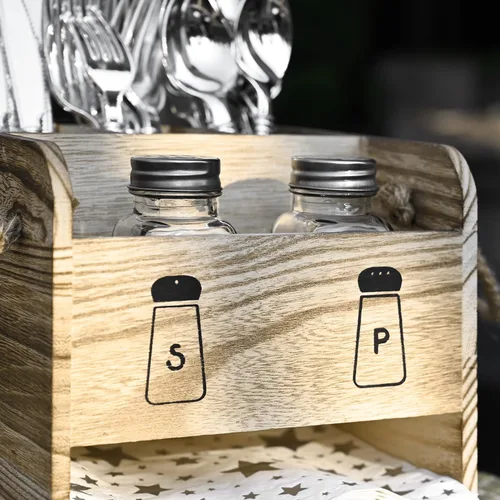 Miniatura 4 de Ikee Design Organizador de utensilios de madera, organizador de cubiertos con 5 ranuras, cuenta con asas e incluye salero y pimentero, ideal