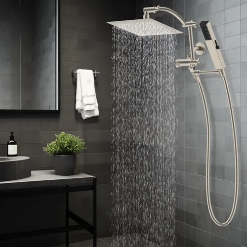 Miniatura 9 de Hibbent Cabezal de ducha de lluvia de 8 pulgadas de metal completo Certificado CUPC, Combo de cabezal de ducha doble, varita de ducha manual de alta