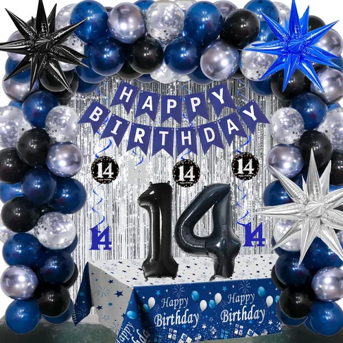 Miniatura 12 de Decoraciones de cumpleaños número 10 para niños y niñas, color azul oscuro, doble dígitos con pancarta de feliz cumpleaños, mantel de globos de 10