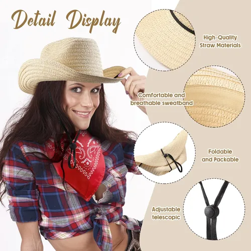 Miniatura 6 de Unittype Juego de 6 sombreros de vaquero de paja con bandanas, paquete de accesorios de fiesta de vaquero, disfraz clásico de sombrero de vaquero