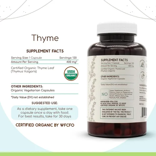 Miniatura 3 de HerbEra Tomillo 800 mg Cápsulas veganas orgánicas USDA Apoyo respiratorio y digestivo, hoja seca de timo vulgar Suplemento de hierbas