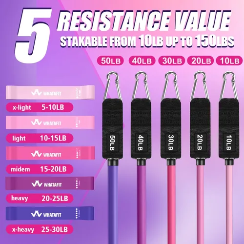 Miniatura 5 de WHATAFIT Bandas de resistencia, bandas de ejercicio, bandas de resistencia para entrenamiento, bandas de entrenamiento con asas para hombres y Rosa