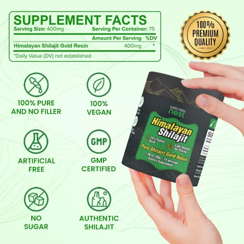Miniatura 6 de Wellness Nest Resina de Shilajit Puro del Himalaya de Grado Oro: Potencia Máxima para Hombres y Mujeres - Oro 24k, Ácido Fúlvico +75%, Informe