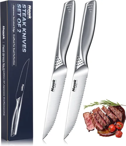 Huusk Juego de 2 cuchillos de carne dentados, cuchillos japoneses de acero inoxidable de 4.5 pulgadas, cuchillos afilados aptos para lavavajillas
