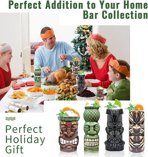 Miniatura 5 de LINALL Tiki Mugs - Juego de 8 tazas de cóctel de cerámica hawaiana Luau para fiesta, vasos de cóctel exóticos, Tiki Bar profesional hawaiano