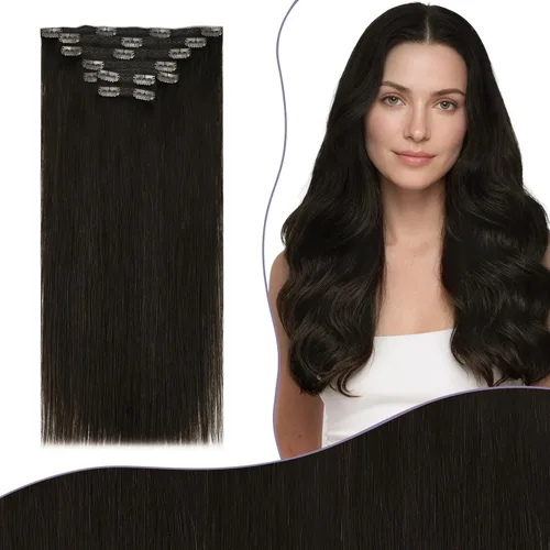Miniatura 25 de Fshine Extensiones de cabello con broches, 22 pulgadas, 7 unidades, color marrón oscuro, doble trama, extensiones de cabello humano real con clip