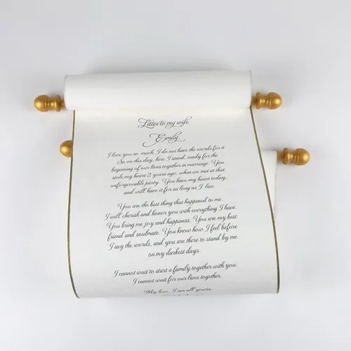 Miniatura 7 de Pergamino personalizado de letras en papel pergamino crema de 8 x 20 pulgadas con detalles dorados, hecho a mano en los Estados Unidos