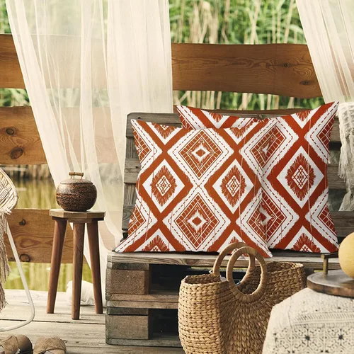 Miniatura 4 de Juego de 2 fundas de almohada geométricas de color naranja quemado de 18 x 18 pulgadas con diamantes Ikat de color marfil óxido, estilo bohemio