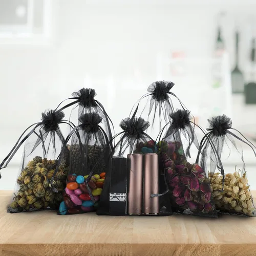 Miniatura 6 de Kslong 100 bolsas pequeñas de malla con cordón de 3x4, bolsas de organza transparentes con cordón para joyería, bolsas de malla para favores de Negro