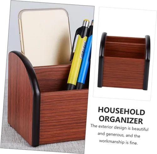Miniatura 2 de STOBOK Soporte para bolígrafo de madera para escritorio, caja de bolígrafos de madera, organizador de escritorio multiusos, soporte de lápiz