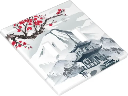 Miniatura 5 de Placa de pared para interruptor de luz de palanca, torre de montaña con diseño de cerezo japonés, cubierta de doble interruptor, tamaño de 2 bandas