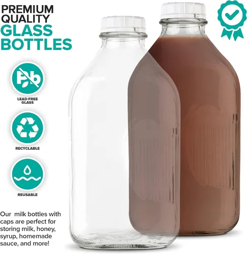 Miniatura 3 de Stock Your Home Botellas de vidrio para leche de 64 onzas con tapas (paquete de 2) – Botellas de vidrio de grado alimenticio de 64 onzas – Apto