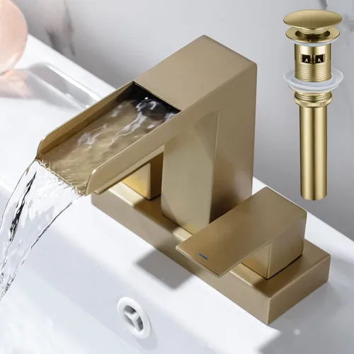 Grifo de cascada de baño central de 4 pulgadas, 2 manijas y 3 agujeros, grifo de lavabo de cascada con desagüe desplegable con desbordamiento, oro