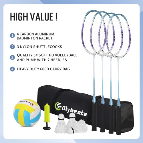 Miniatura 5 de Outdoor Volleyball & Badminton Combo Net Set for Backyard, Beach with 2 Nets, Adjustable Poles, 4 Aluminum Rackets, PU Volleyball, Portable Carry