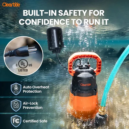 Miniatura 4 de Cleartide Bomba de sumidero sumergible con interruptor de flotador atado, bomba de agua utilitaria de 1/4 HP, motor 100% cobre, bomba de drenaje