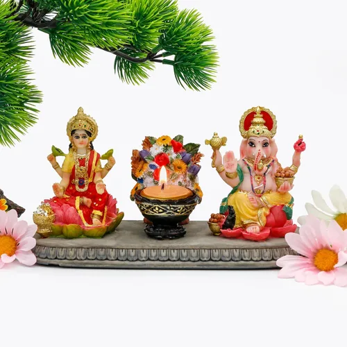 Miniatura 2 de BangBangDa Lakshmi - Estatua de Ganesha con Diya – 4.1 pulgadas de alto, diosa hindú de Polystone Laxmi e ídolo Ganesa para Diwali/Año