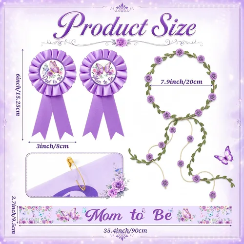 Miniatura 3 de Chunful Butterfly Theme Mom to Be Sash Baby Shower Dad to Be Pin and Flower Crown Headband for Gender Reveals Party Baby Shower Party Favors for