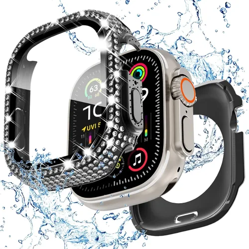 Miniatura 20 de Funda delantera y trasera, 2 en 1, brillante, impermeable, 360°, de policarbonato y protector de pantalla de vidrio para iWatch 8 y 7 de 41 mm, Negro