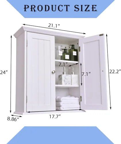 Miniatura 2 de Armario montado en la pared, ahorro de espacio sobre el inodoro, armario de almacenamiento de madera blanca con puertas dobles y 3 estantes fijos