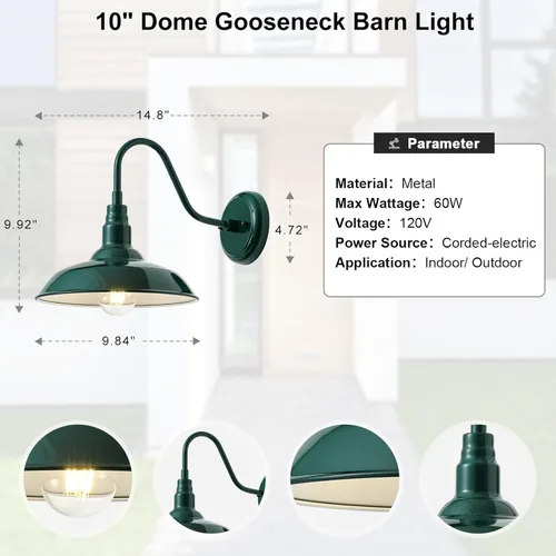 Miniatura 7 de Luz de granero de cuello de cisne de 10 pulgadas para exteriores, luces verdes para porche con interior blanco, cúpula pequeña, para patio, cuello