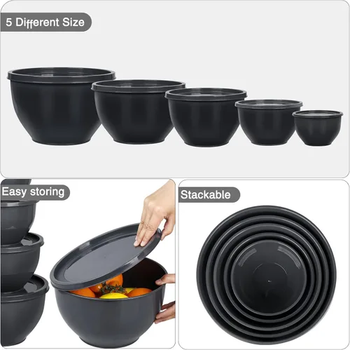 Miniatura 5 de Greentainer Juego de 5 tazones de plástico con tapas para cocina, juego de 5 cuencos para mezclar, hornear, preparar, cocinar y servir alimentos