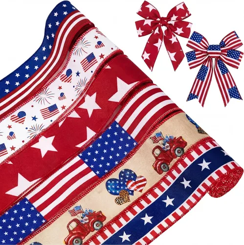 Tigeen 6 rollos de 30 yardas con alambre del 4 de julio, con borde blanco, rojo y azul, rayas estadounidenses, bandera patriótica, estrella, camión,
