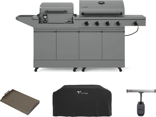 Miniatura 23 de Tytus Anaheim 4-Burner Gas Grill with Prep Cart and Charcoal Grill + Cover, Light, Griddle Insert - Modular Outdoor Kitchen, Quick Assembly, Outdoor