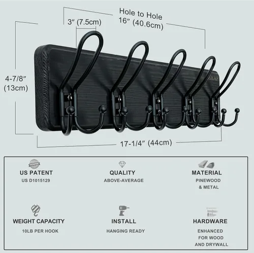 Miniatura 5 de Dseap Perchero para Abrigos Montado en Pared - Perchero Resistente de Estilo Granja Rural con 5 Ganchos de Alambre para Ropa, Sombrero, Chaqueta