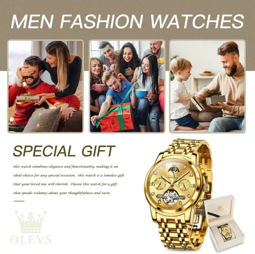 Miniatura 6 de OLEVS Relojes automáticos para hombre, impermeable, vestido de lujo, cuerda automática, esqueleto mecánico, tourbillon, fase lunar, acero