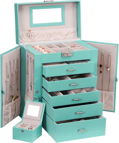 ANWBROAD Joyero grande de 6 niveles, organizador de joyas, caja de almacenamiento con espejo de cerradura, caja de joyería para niñas, para aretes,