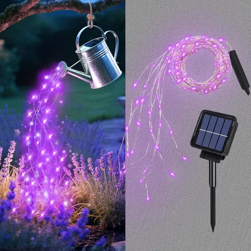 Miniatura 10 de Luces de cascada de hadas solares para exteriores, impermeables, 200 LED, 8 modos, luz de regadera (SIN REGADERA), luces de cadena alimentadas por