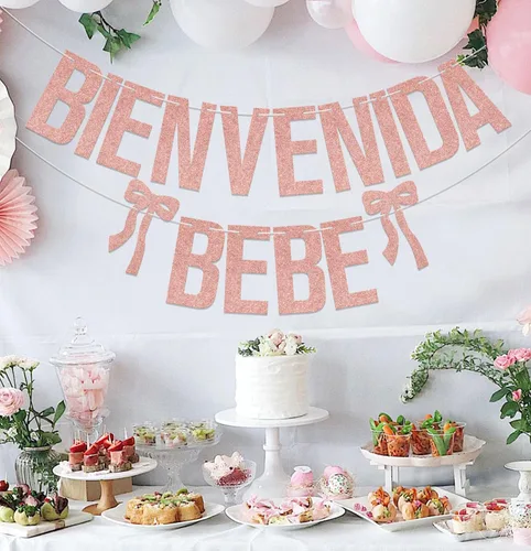 Miniatura 7 de Bienvenida Bebe Banner de bienvenida española para bebé, decoraciones mexicanas para baby shower, purpurina de oro rosa