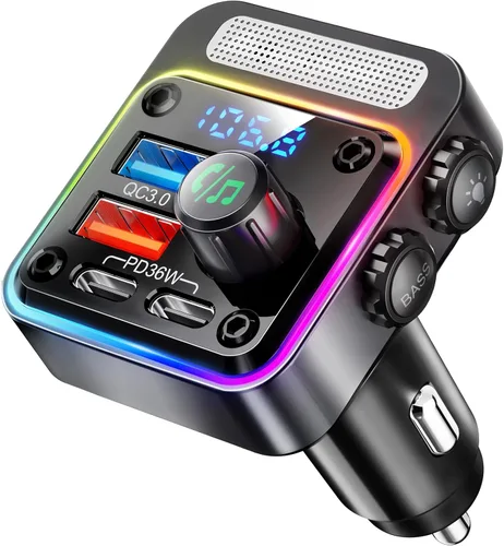 Nulaxy Cargador adaptador de coche Bluetooth 5.3 de 54 W de carga rápida de 4 puertos [PD36W y QC3.0 18W], transmisor FM de radio inalámbrico con