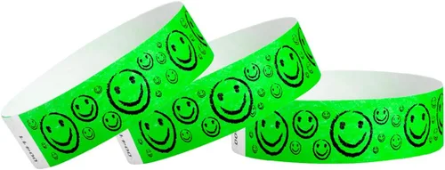 500 pulseras Tyvek de Wristco con cara sonriente verde neón para eventos, ¾ x 10 pulgadas, impermeables, reciclables, cómodas, resistentes a