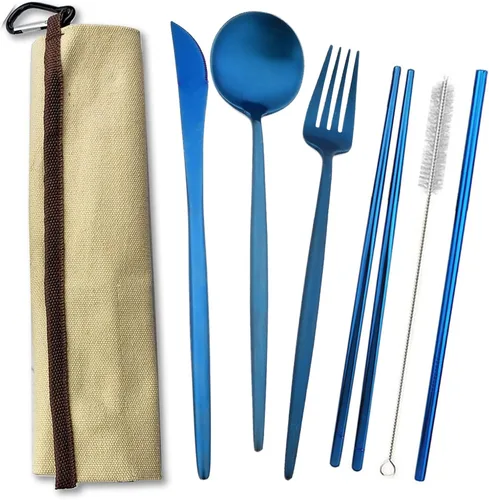 JASHII El juego de cubiertos de viaje incluye cuchillo reutilizable, tenedor, cuchara, palillos, pajilla, utensilios ecológicos, utensilios de Azul