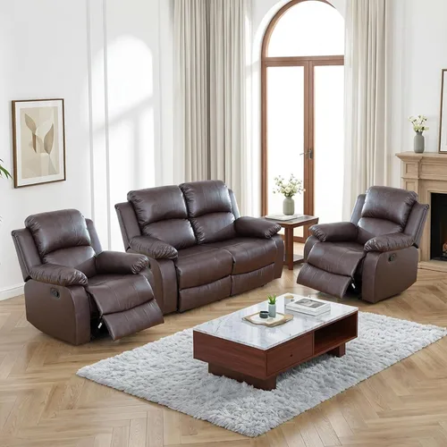 Miniatura 14 de Faux Leather Manual Recliner Sofa Set, 3 Piece Living Room Furniture Set, Loveseat Reclining Couch and 2 Recliner Chairs for RV Home Theater (Black)