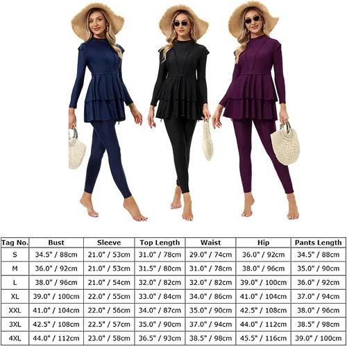 Miniatura 7 de Conjunto de 3 piezas de traje de baño para mujer, camiseta de manga larga, pantalones y hijab, traje de baño musulmán islámico de cuerpo completo