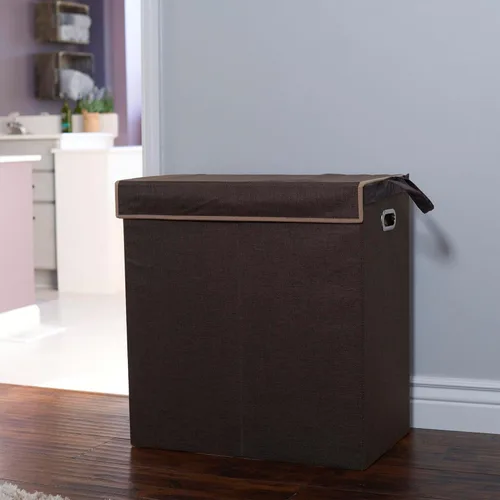 Miniatura 4 de Household Essentials Cesta doble para ropa sucia con tapa, dos compartimentos para una fácil clasificación con forro extraíble, plegable, lino marrón