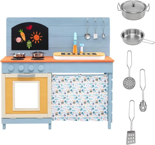 Miniatura 9 de Costzon Cocina de barro, juego de juguetes de madera con estufas, fregadero, grifo, parrilla, pizarra, perillas giratorias, macetas, estantes