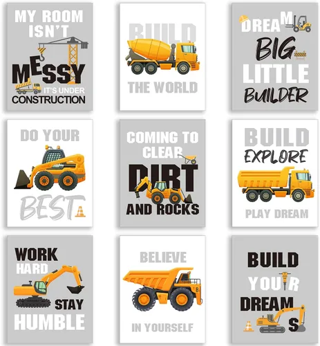 Outus Juego de 9 piezas de decoración de habitaciones de construcción, con cita inspiradora, impresión artística de transporte de vehículos, póster