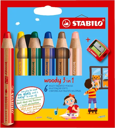 STABILO Multi-talented Pencil woody 3 en 1 - Cartera de 6 - Varios colores + sacapuntas