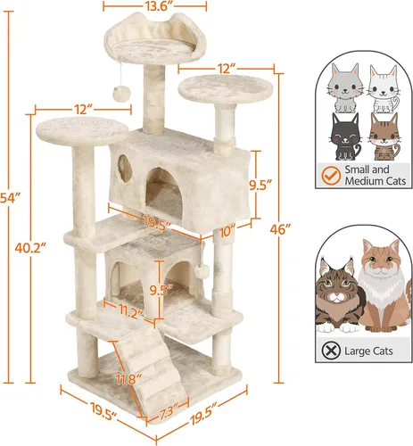 Miniatura 3 de Topeakmart Árbol para gatos de 54 pulgadas, torre para gatos con postes rascadores y percha para condominios grandes, muebles de casa con soporte