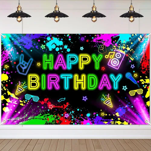 Cartel de cumpleaños neón de 6 x 3.6 pies que brilla en la oscuridad, decoraciones de neón para fiesta de cumpleaños, fondo de fotografía,