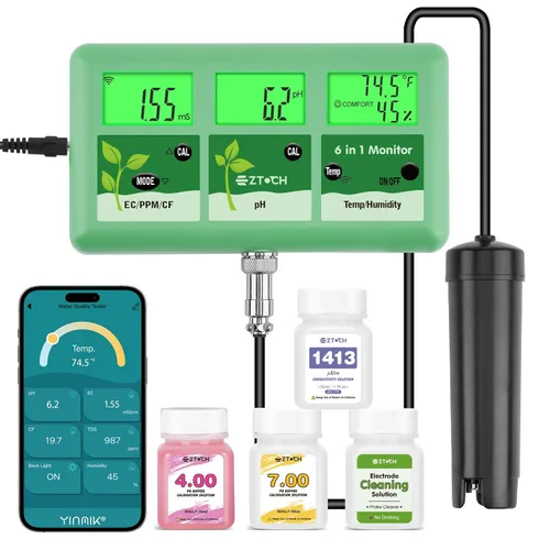 Monitor continuo de pH EC para hidropónico, medidor de pH EC PPM WiFi 6 en 1, probador digital de pH TDS temperatura humedad para sistema