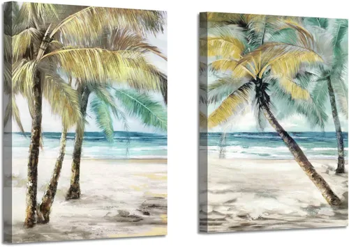 Miniatura 7 de ARTISTIC PATH Arte de Pared en Lienzo de Playa Tropical - 2 Piezas Pintura de Palmeras Imágenes de Paisajes Costeros del Océano Impresiones