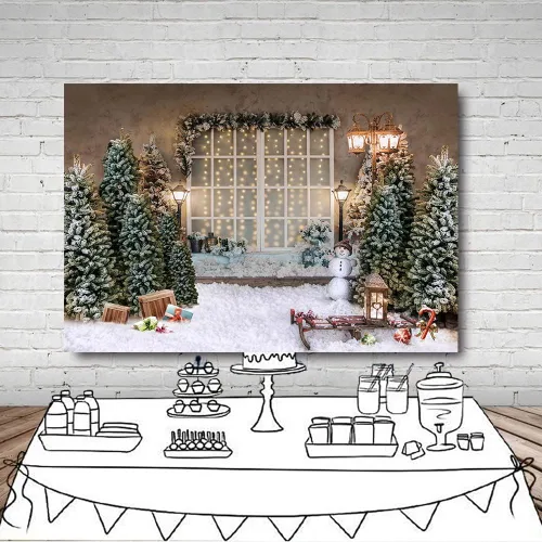 Miniatura 4 de MEHOFOND Fondo de fotografía de Feliz Navidad de 7 x 5 pies, lámpara de árbol de Navidad, ventana, telón de fondo de nieve, invierno, Navidad