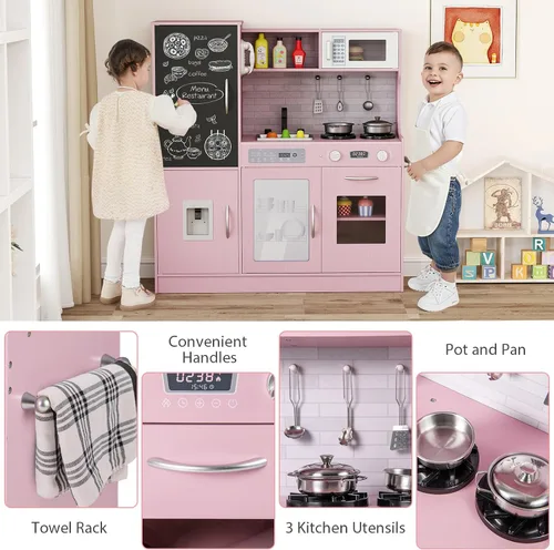 Miniatura 6 de Costzon Juego de cocina para niños, gran juego de juguetes de cocina de chef de madera con sonidos y luces reales, microondas, pizarra, horno, Rosa