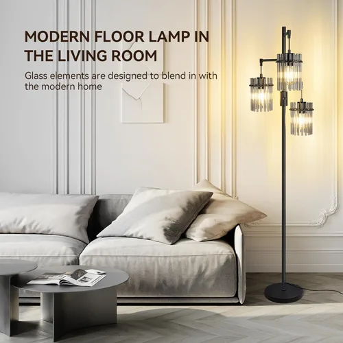 Miniatura 3 de Lámparas de Pie Industriales Modernas para Sala de Estar, Lámparas Altas de Pie de Árbol de Cristal Regulables con 3 Elegantes Cabezales de Jaula